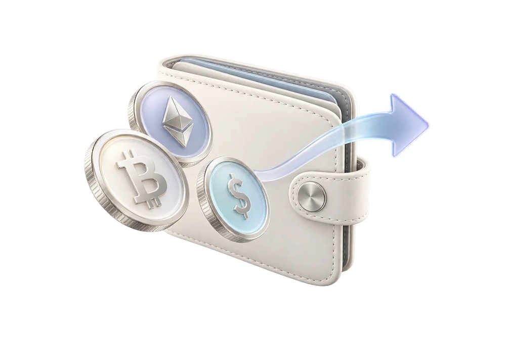 Wallet, clock and coins illustrating payout scheduling